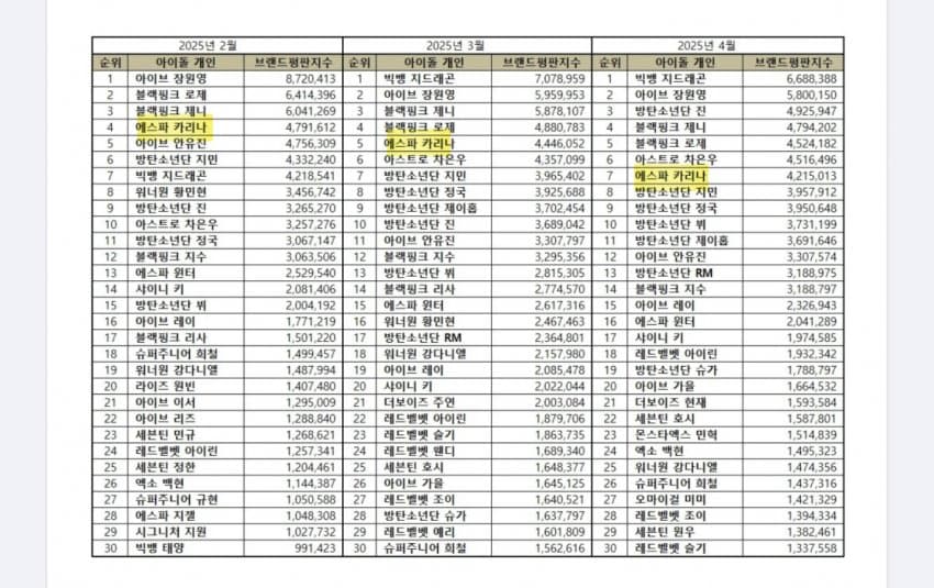 카리나 브랜드 평판 순위.1