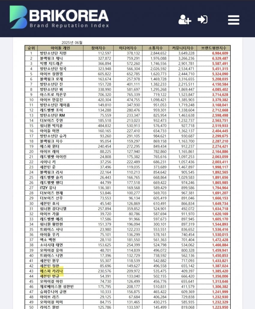 카리나 브랜드 평판 순위.3