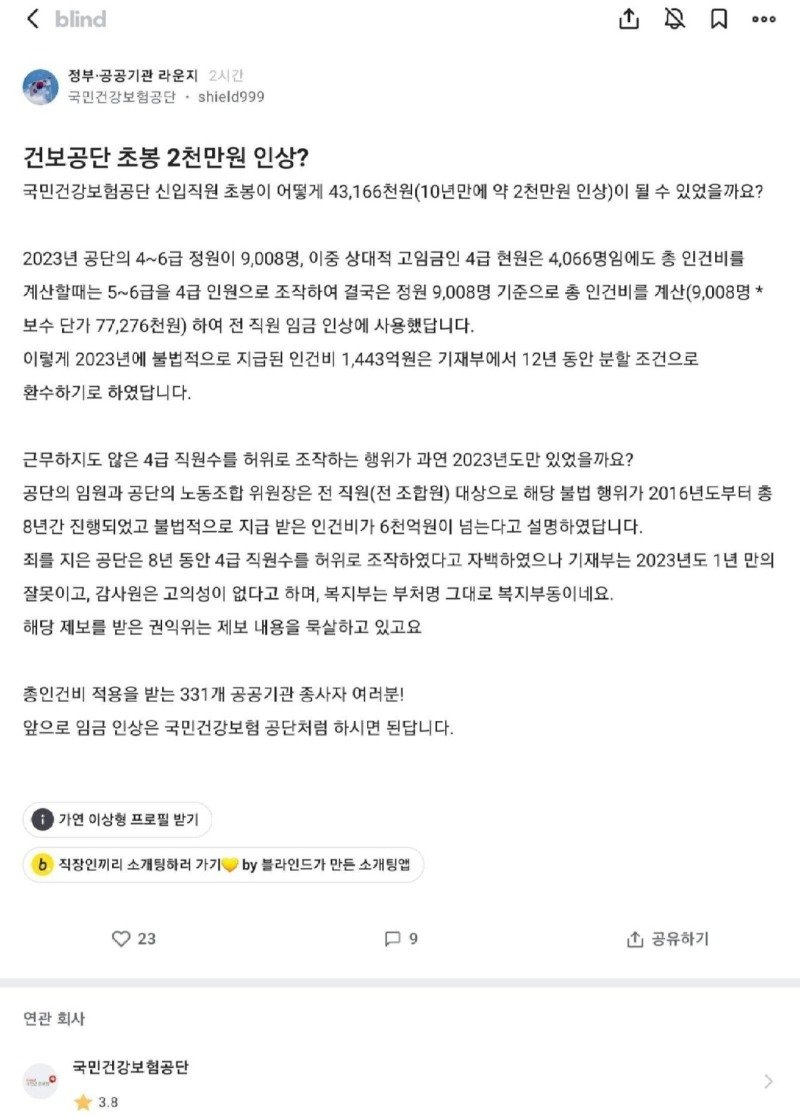 블라인드에서 난리난 건강보험공단 임금 사태1