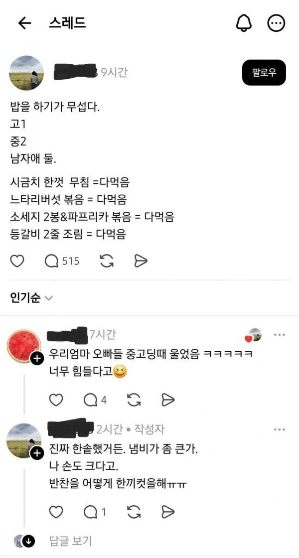 밥하기 무섭다는 아들 둘 엄마1