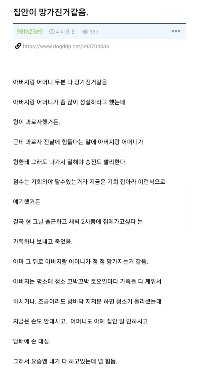 형이 과로사하고 집안이 망가진 거 같음1