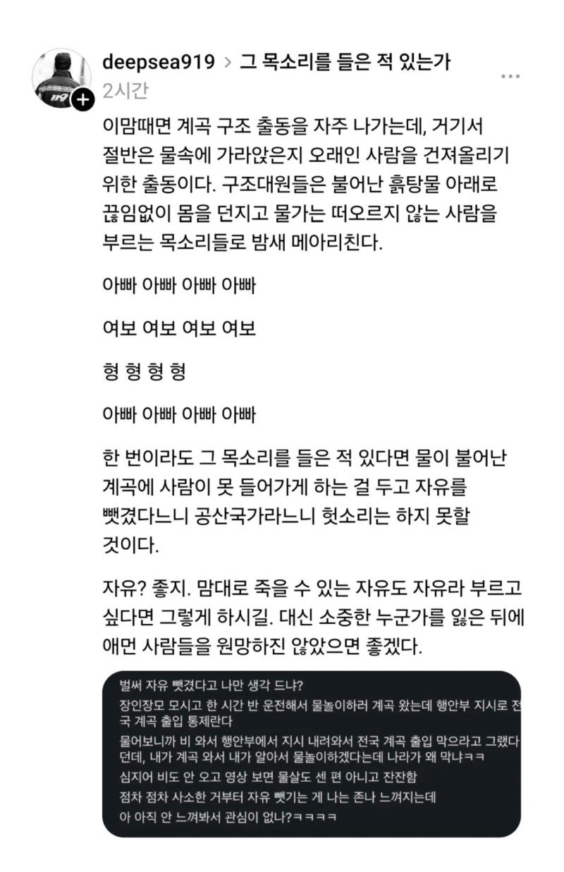 비와서 계곡 출입통제하는걸 자유뺏긴다고 불평하는 사람에게 현직 소방관이 남긴 글.jpg3