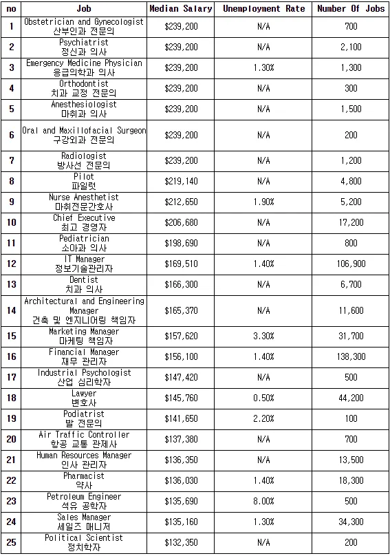 2025년 미국 내 연봉 상위권 직업 TOP 251
